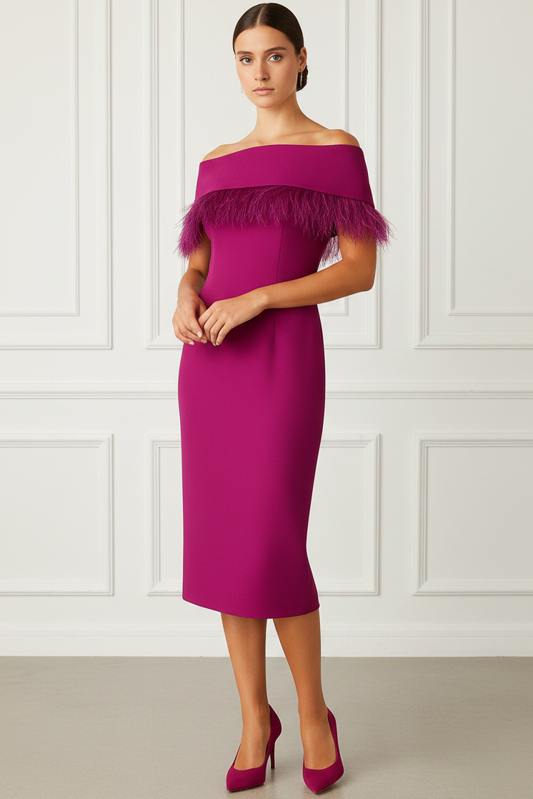 Bateau-Neck Cap-Sleeves Feathered Satin Tea-Length Mermaid Cocktail Dress