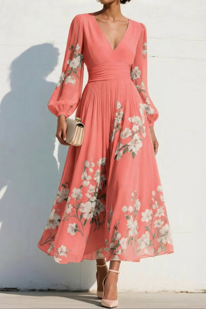 V-Neck Long-Sleeves Print-Chiffon Pleated Tea-Length A-Line Mother of the Bride Dress