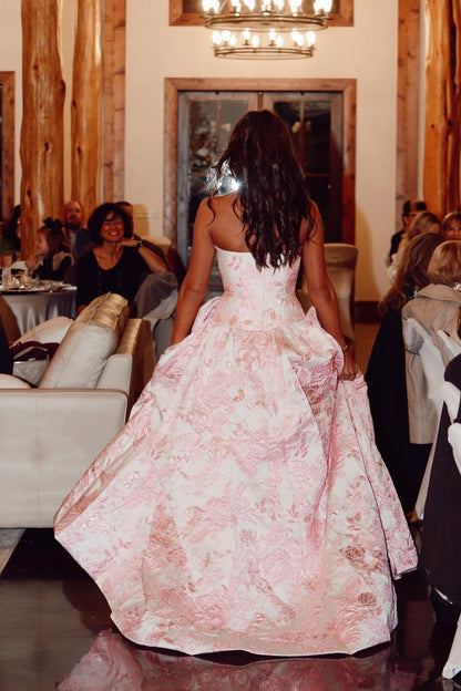 Tube Top Off-Shoulder Sleeveless Jacquard Satin Floor-Length A-Line Prom Dress with Bow