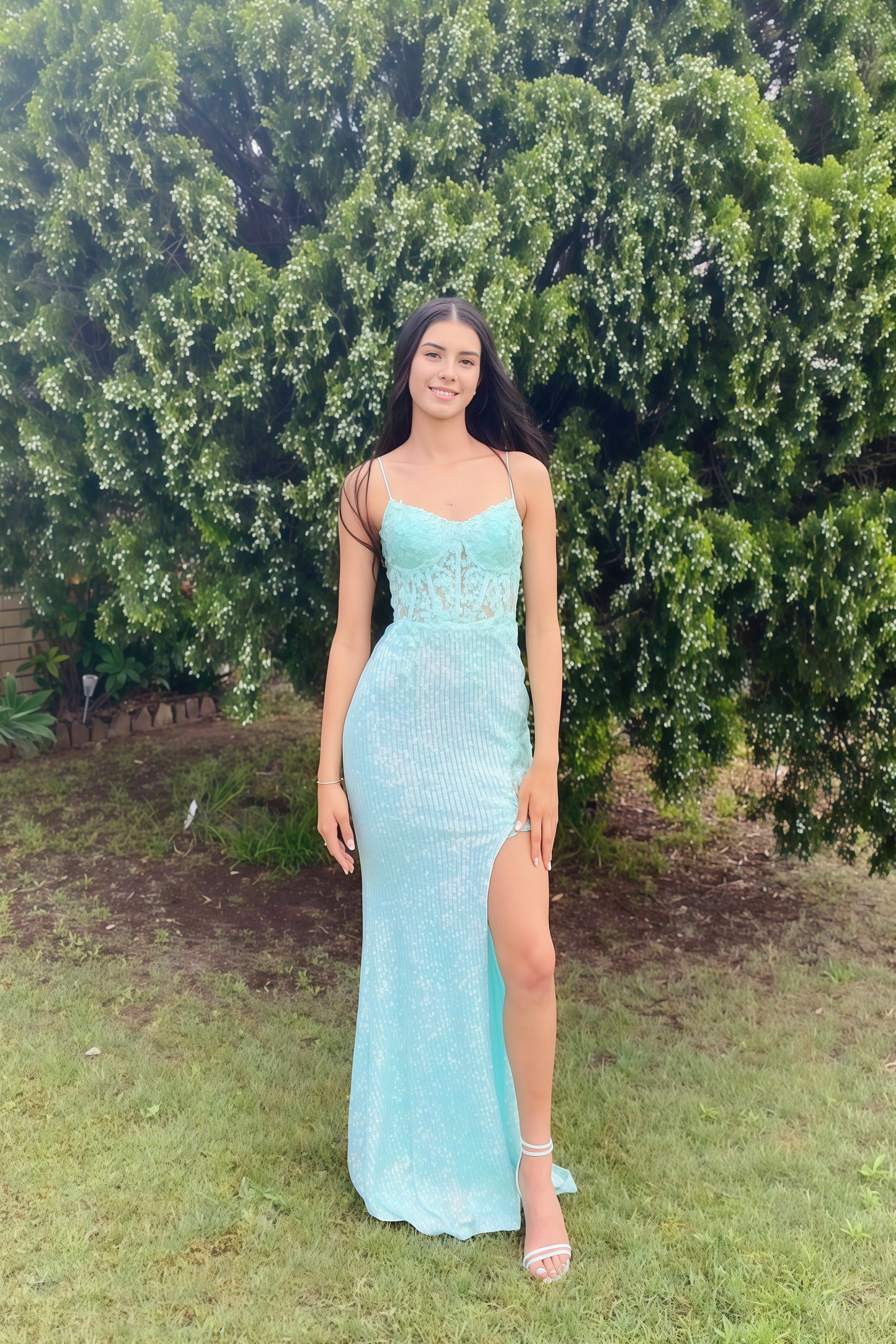 V-Neck Spaghetti Straps Sleeveless Fully Sequined Applique Mermaid Dress with Slit