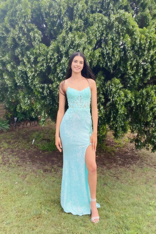 V-Neck Spaghetti Straps Sleeveless Fully Sequined Applique Mermaid Dress with Slit