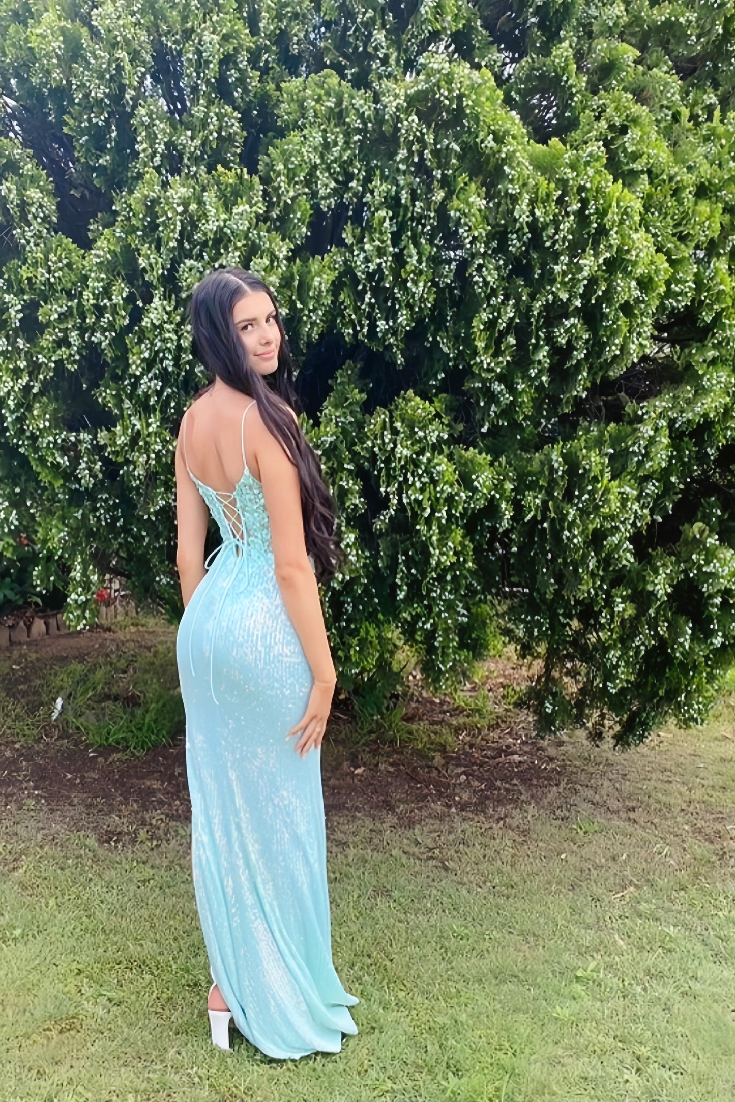 V-Neck Spaghetti Straps Sleeveless Fully Sequined Applique Mermaid Dress with Slit