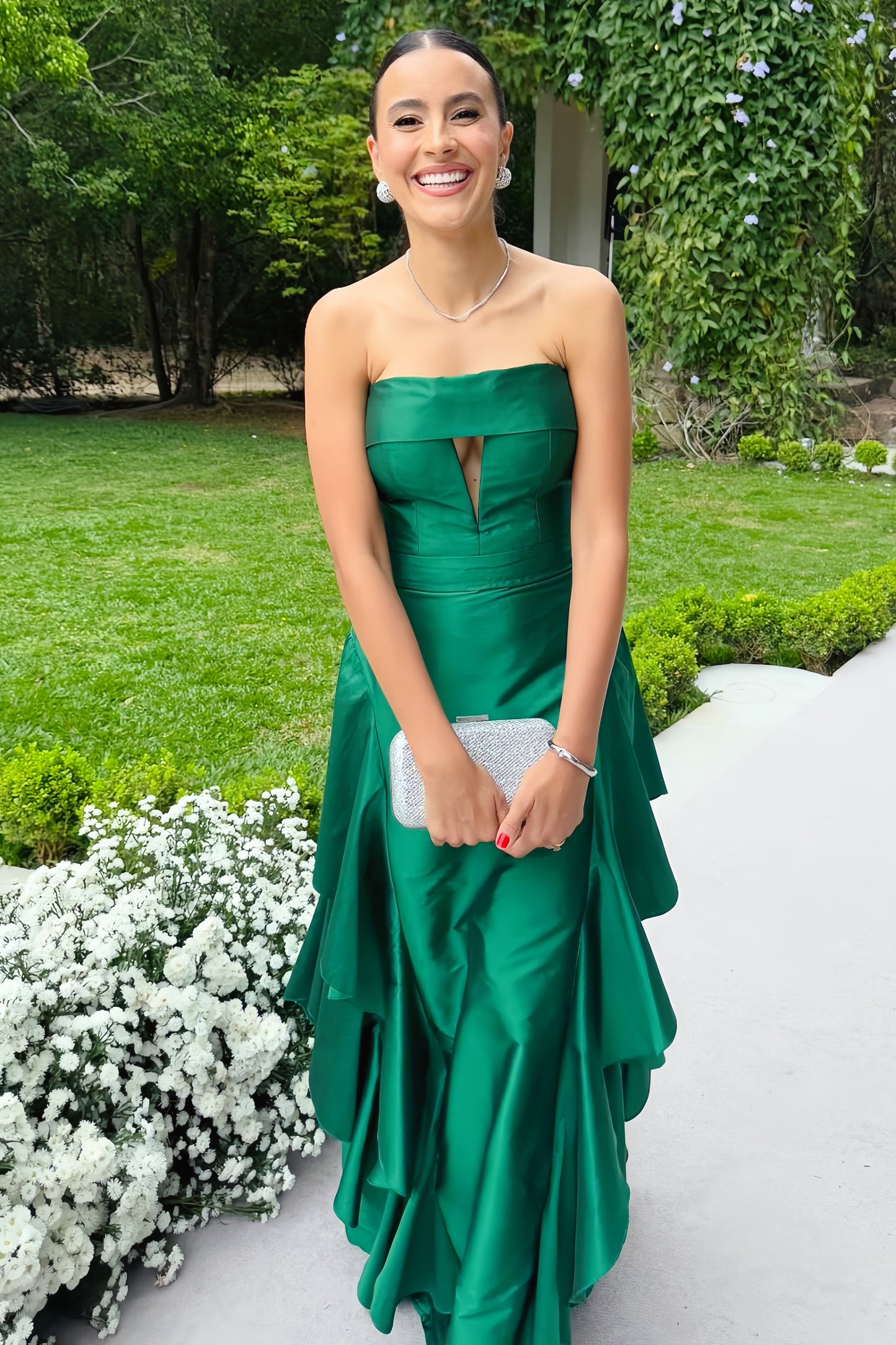 Tube Top Strapless Sleeveless Pleated Satin Floor-Length Tiered Long Prom Dress