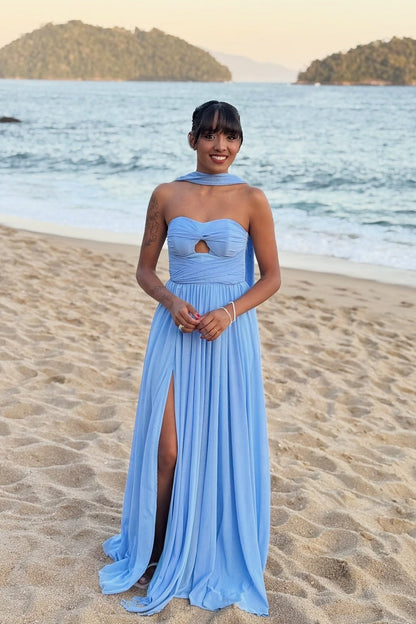 Sweetheart Off-Shoulder Sleeveless Pleated Chiffon High Slit A-Line Prom Dress