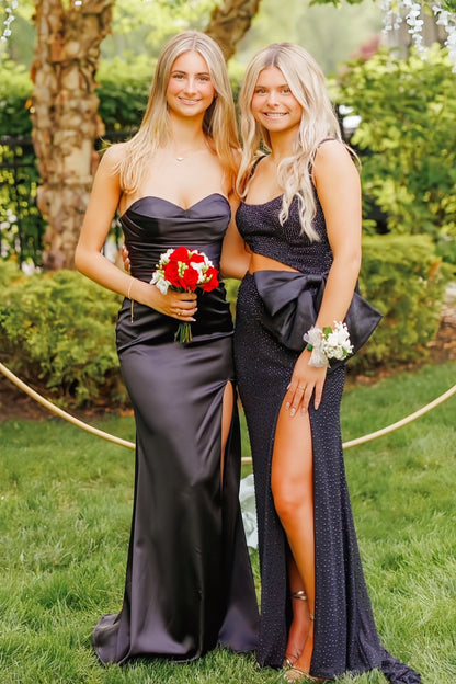 Off-Shoulder Sweetheart Pleated Satin Simple Mermaid Prom Dress with Slit