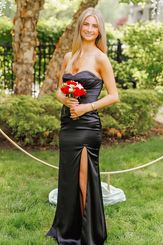 Off-Shoulder Sweetheart Pleated Satin Simple Mermaid Prom Dress with Slit