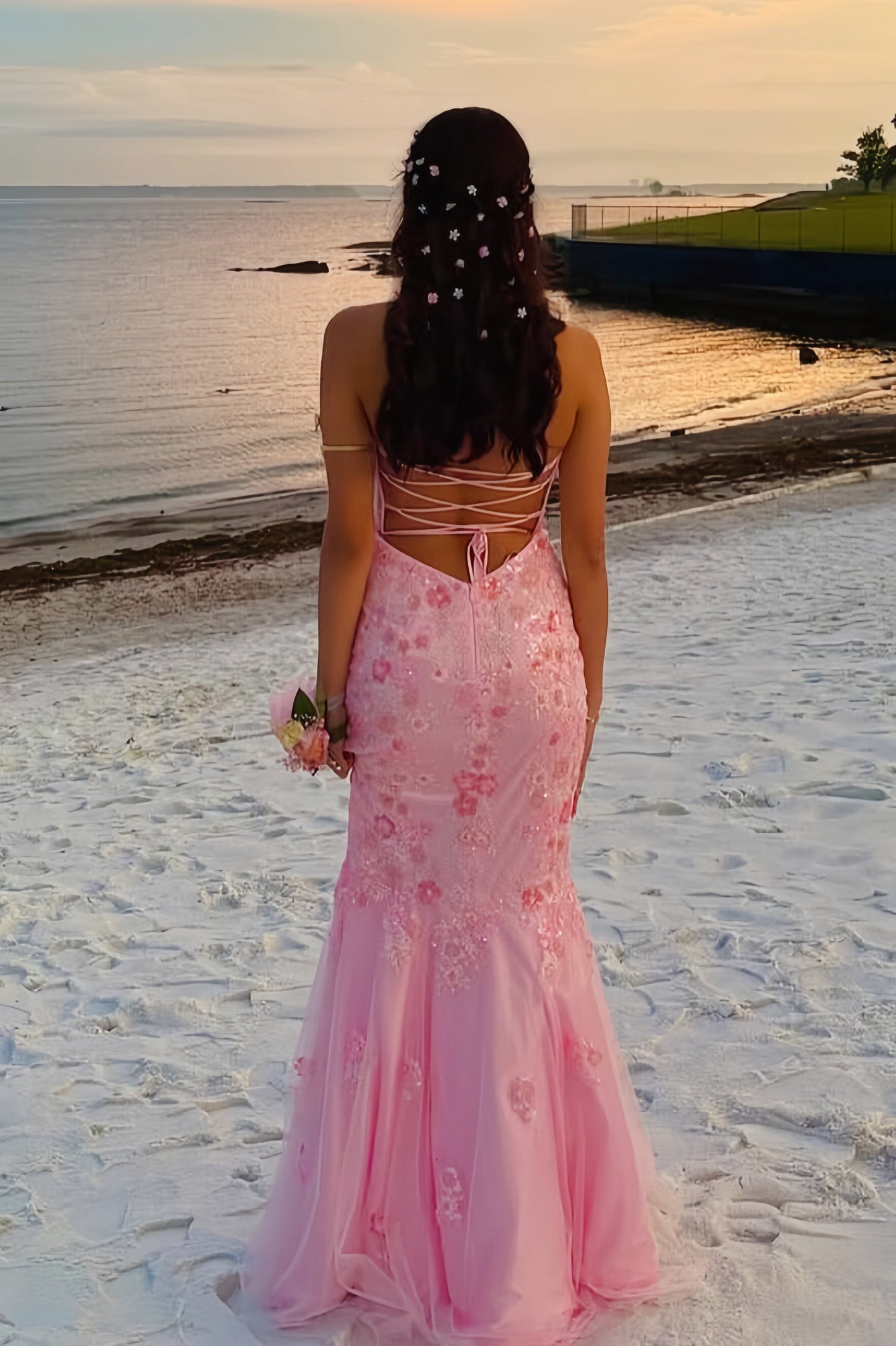 Sweetheart Off-Shoulder Beaded Sequined Flower Applique Mermaid Prom Dress