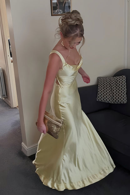 A-Line Sweetheart Straps Sleeveless Satin Floor-Length Simple Prom Dress with Slit