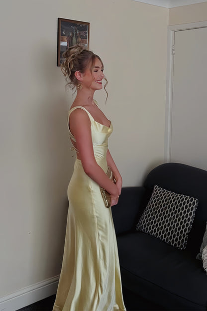 A-Line Sweetheart Straps Sleeveless Satin Floor-Length Simple Prom Dress with Slit