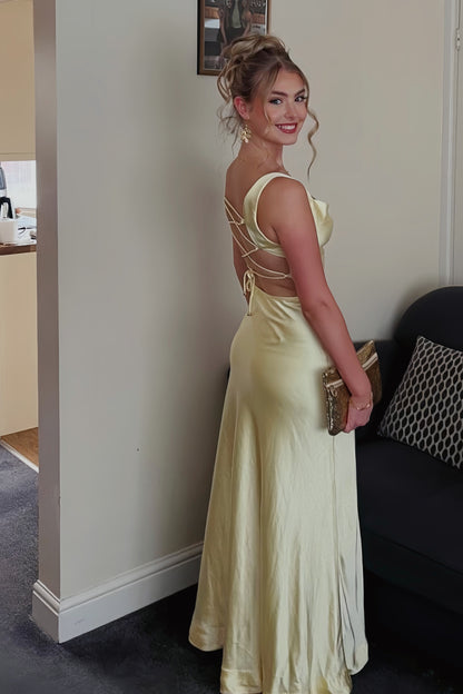 A-Line Sweetheart Straps Sleeveless Satin Floor-Length Simple Prom Dress with Slit