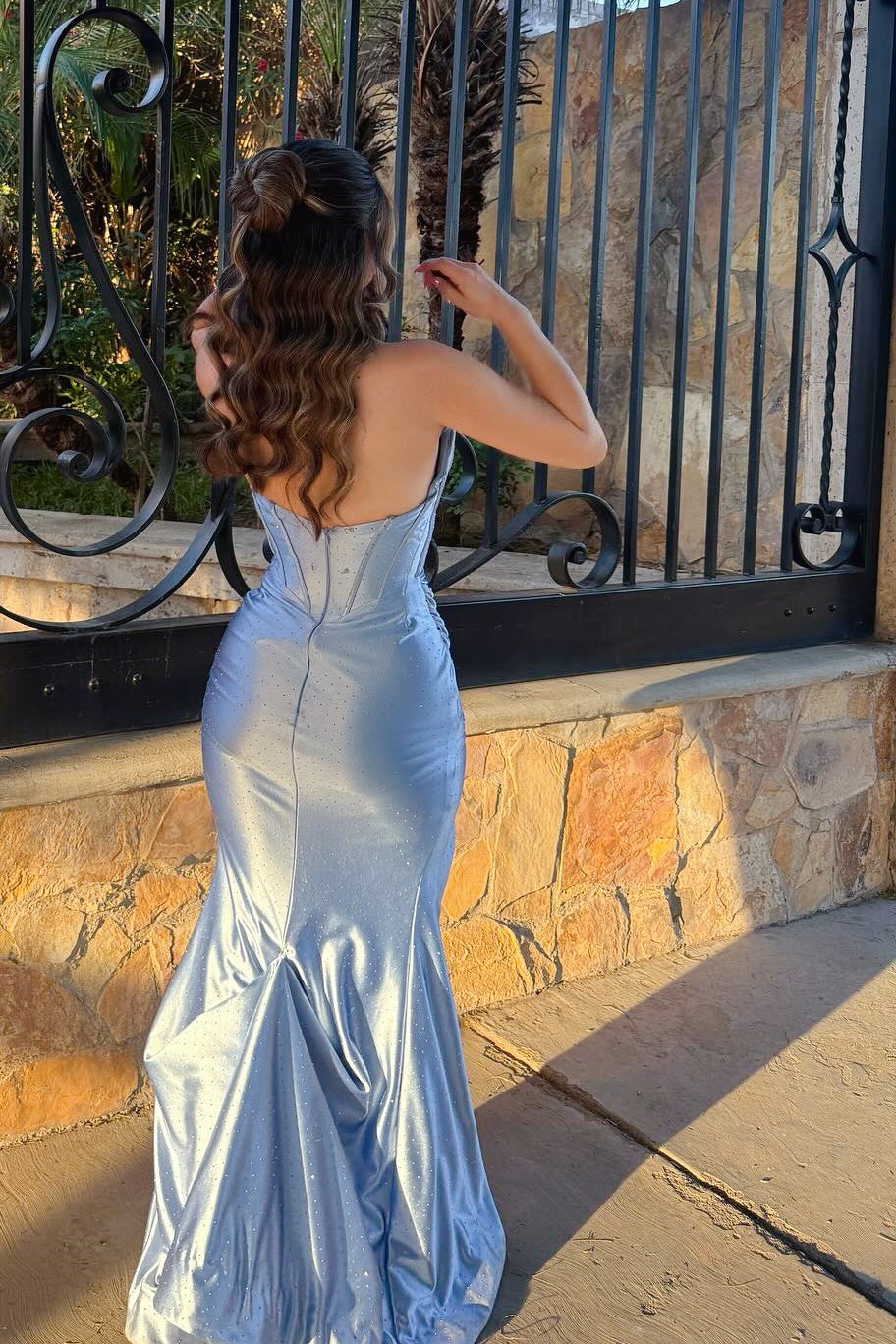 Scoop-Neck Sleeveless Beaded Satin Pleated Mermaid Long Prom Dress with High Slit