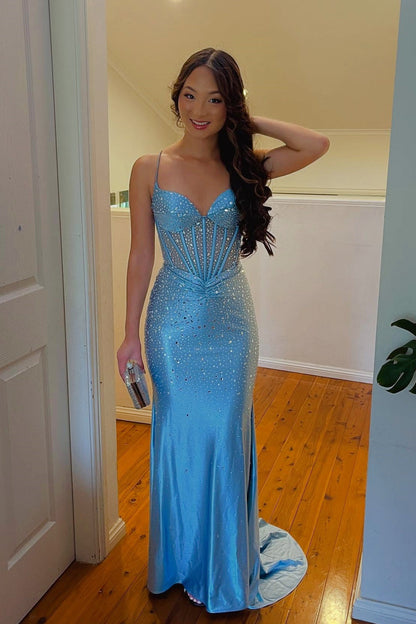Sweetheart Spaghetti Straps Mermaid Prom Dress Beaded Satin Sweep Train Party Gowns
