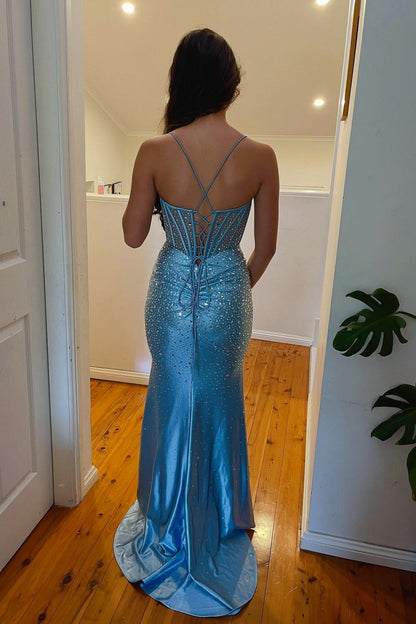 Sweetheart Spaghetti Straps Mermaid Prom Dress Beaded Satin Sweep Train Party Gowns