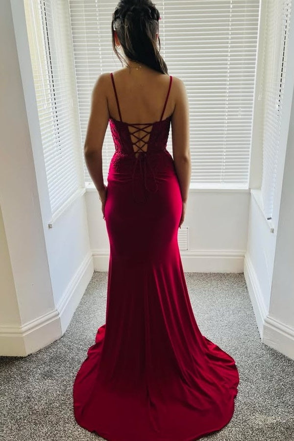V-Neck Spaghetti Straps Sleeveless Applique Satin Floor-Length Mermaid Prom Dress