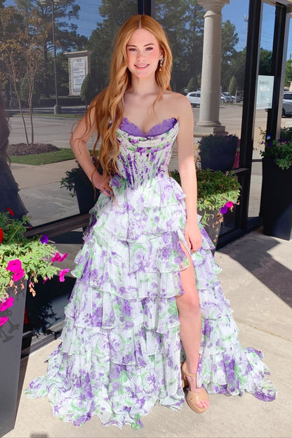 Sweetheart Off-Shoulder Applique Print-Chiffon Pleated Tiered A-Line Prom Dress with Slit