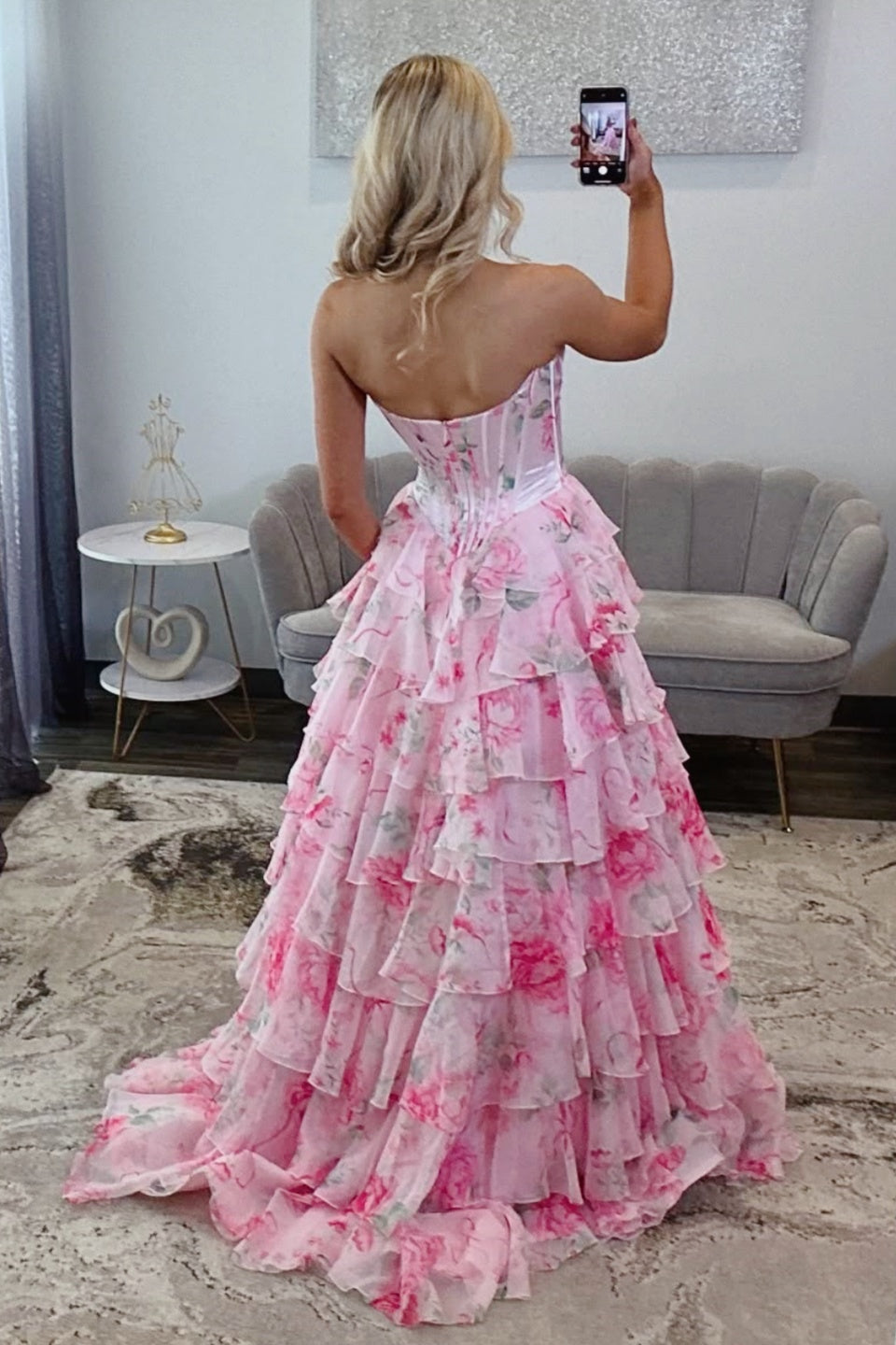 Sweetheart Off-Shoulder Applique Print-Chiffon Pleated Tiered A-Line Prom Dress with Slit
