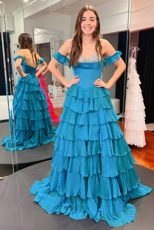 Off-Shoulder Sweetheart Sleeveless Beaded Chiffon Pleated Tiered A-Line Prom Dress