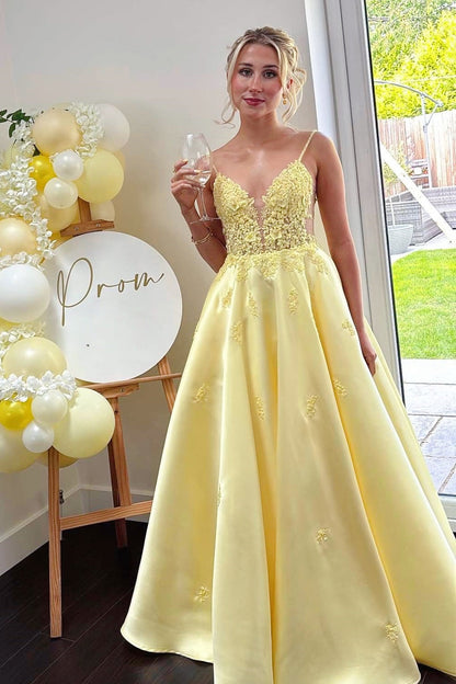 A-Line Spaghetti Strap V-Neck Sleeveless Applique Satin Pleated Long Prom Dress