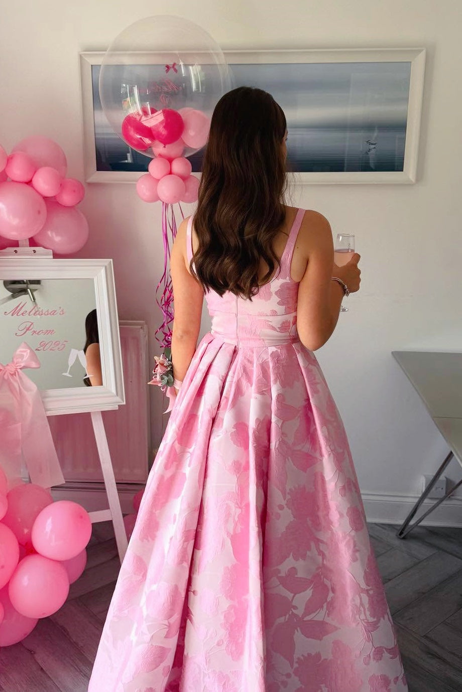 Square-Neck Straps Sleeveless Jacquard Satin Pleated Floor-Length A-Line Prom Dress