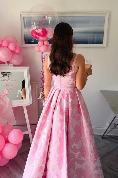 Square-Neck Straps Sleeveless Jacquard Satin Pleated Floor-Length A-Line Prom Dress