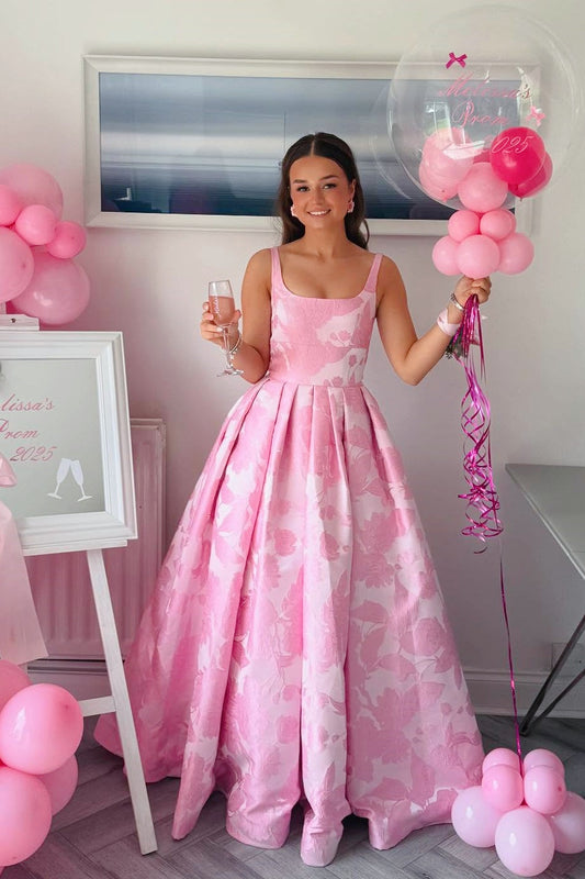 Square-Neck Straps Sleeveless Jacquard Satin Pleated Floor-Length A-Line Prom Dress