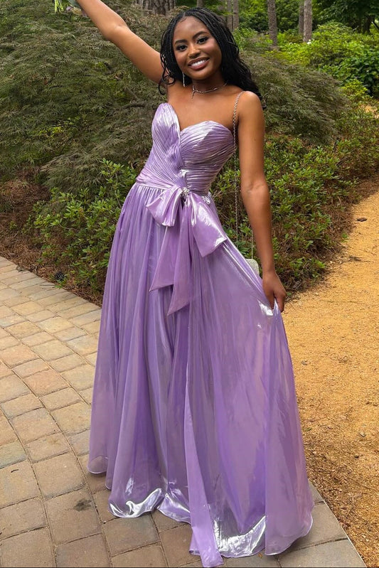 Sweetheart Off-Shoulder Sleeveless Metallic-Chiffon Pleated A-Line Prom Dress with Big Bow