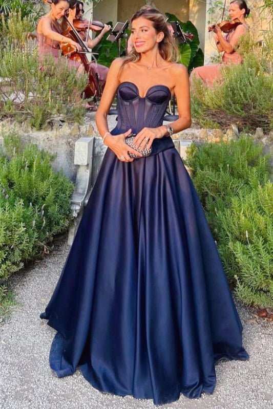 Sweetheart Off-Shoulder Simple Party Gowns Sleeveless Floor-Length Satin A-Line Prom Dress