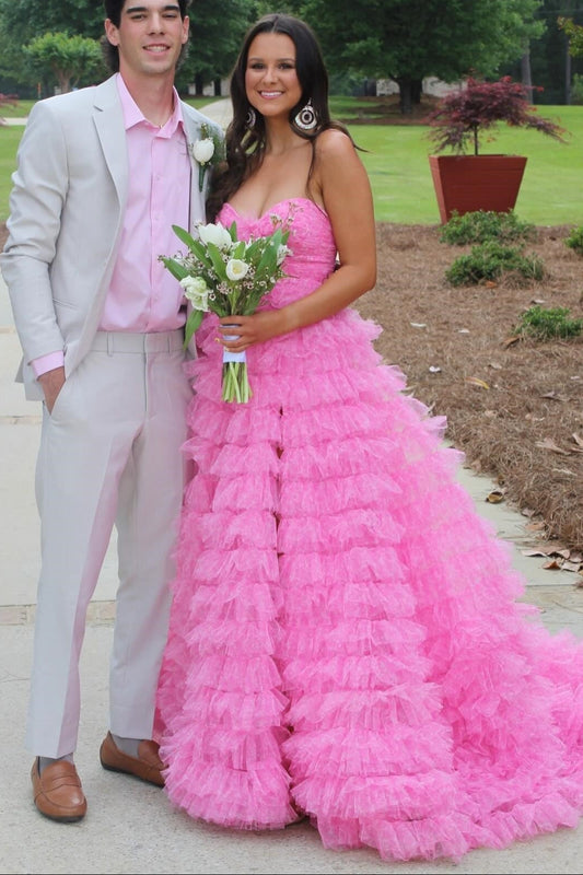 A-Line Sweetheart Off-Shoulder Sleeveless Applique Tulle Pleatged Tiered Prom Dress