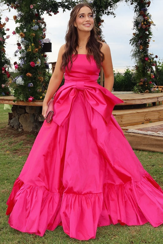 Off-Shoulder Tube Top Sleeveless Floor-Length Satin A-Line Prom Dress with Big Bow