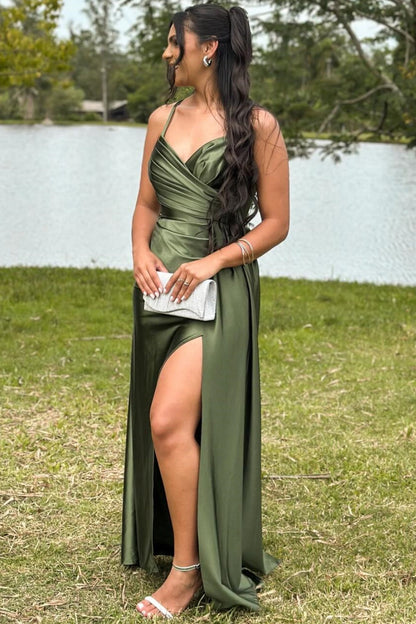 V-Neck Spaghetti Straps Sleeveless Satin Pleated Floor-Length Mermaid Prom Dress