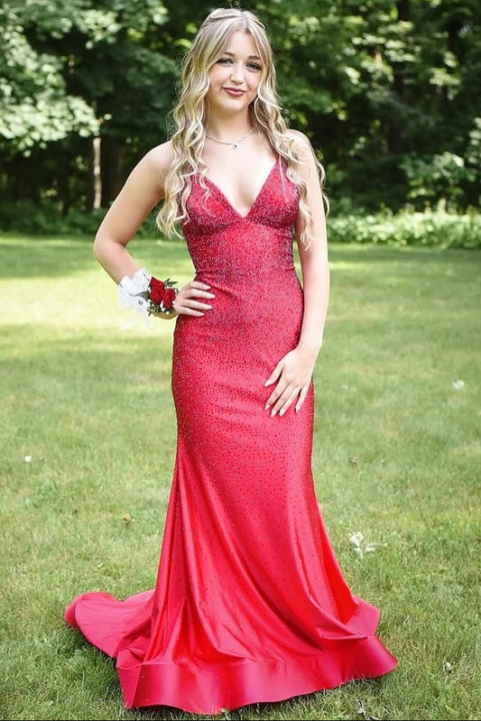 Simple V-Neck Spaghetti Straps Sleeveless Fully Beaded Satin Mermaid Prom Dress