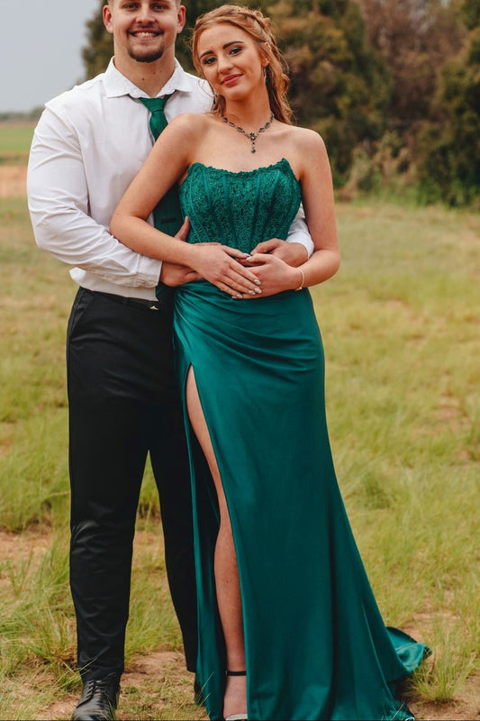 Bateau-Neck Off-Shoulder Beaded Applique Satin Pleated High Slit Mermaid Prom Dress