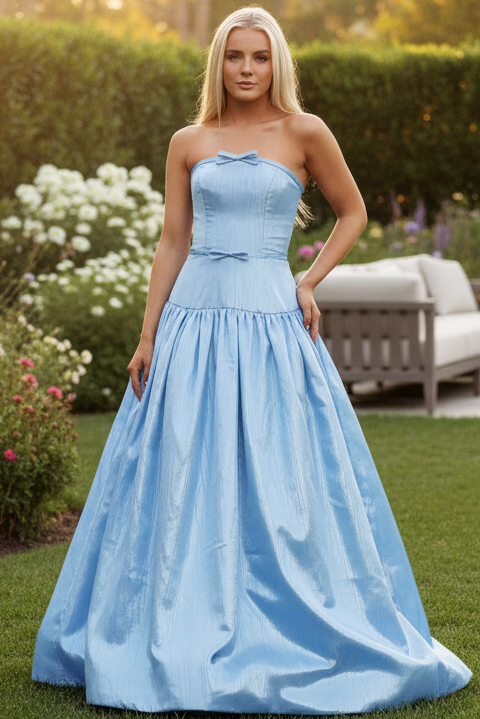 Tube Top Off-Shoulder Sleeveless Satin Pleated A-Line Prom Dress with Bows