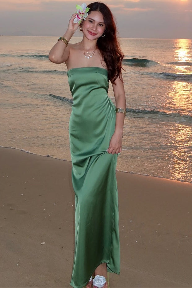 Tube Top Off-Shoulder Sleeveless Satin Floor-Length Simple Mermaid Prom Dress