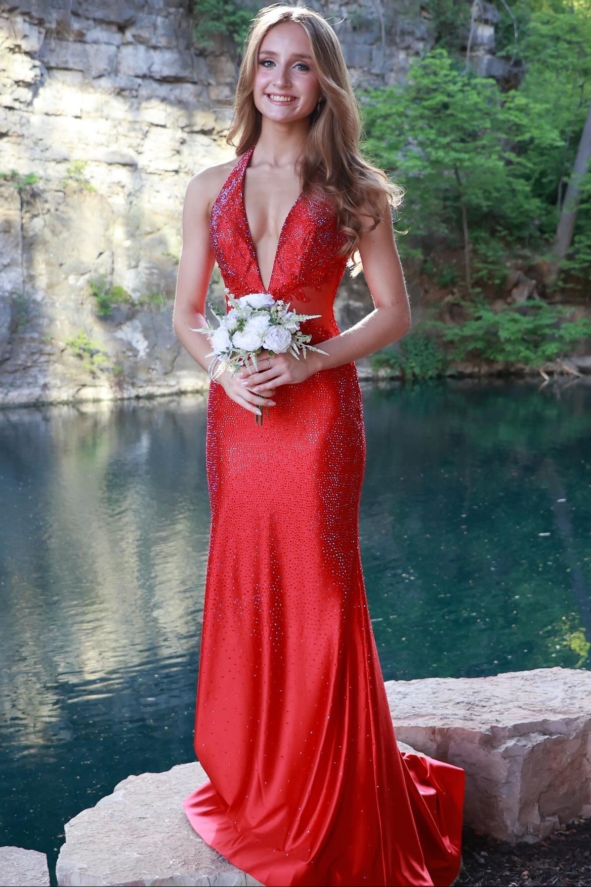 Halter Deep V-Neck Sleeveless Fully Beaded Satin Mermaid Prom Dress with Sweep Train