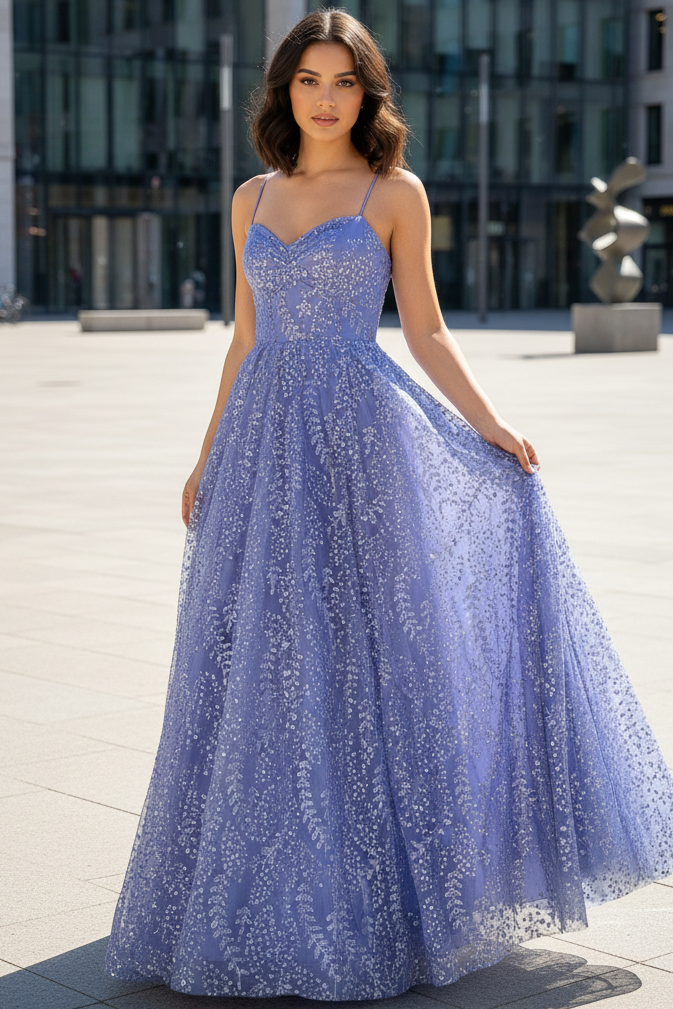 Spaghetti Straps Sweetheart Fully Sequined Beaded Tulle Pleated A-Line Prom Dress