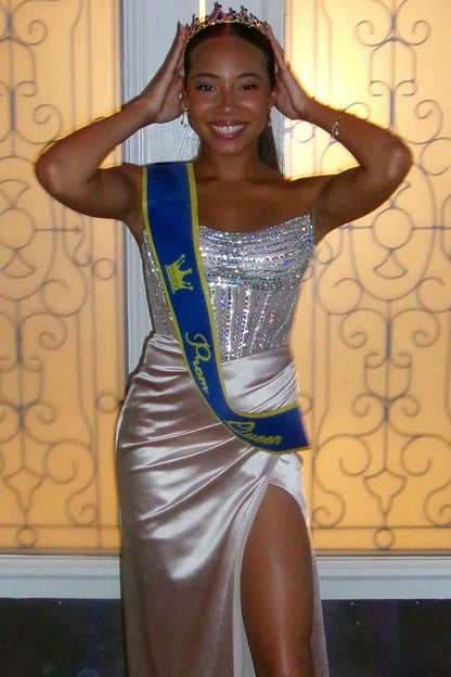 Scoop-Neck Sleeveless Rhinestone Satin Pleated Mermaid Prom Dress with High Slit