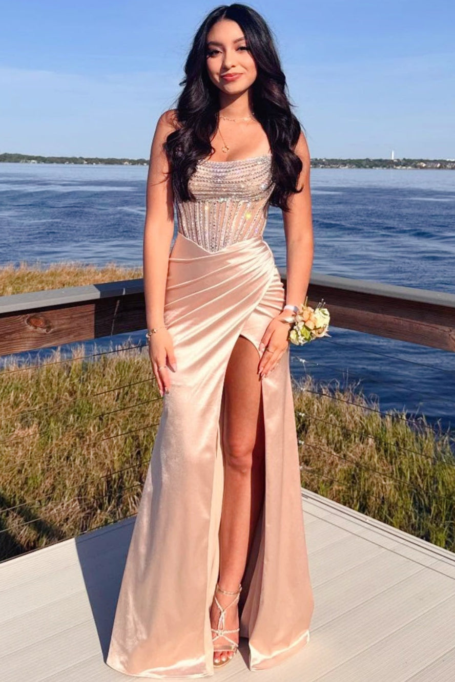 Scoop-Neck Sleeveless Rhinestone Satin Pleated Mermaid Prom Dress with High Slit