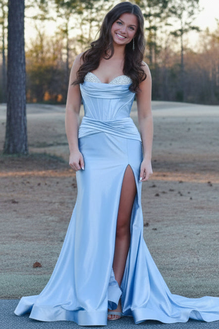 Beaded-Sweetheart Sleeveless Satin Pleated Slit Mermaid Prom Dress with Sweep Train