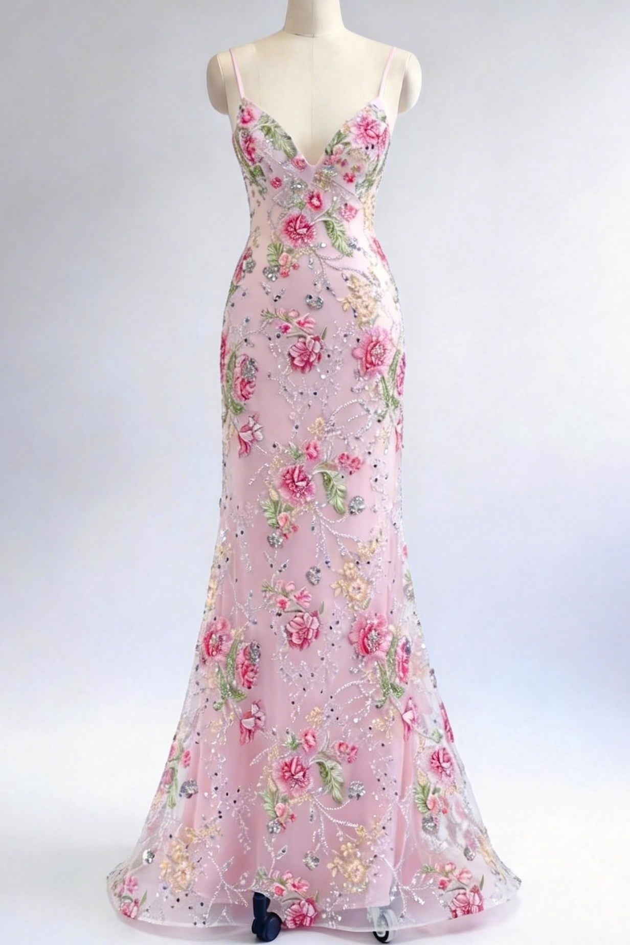 Sweetheart Spaghetti Straps 3D-Floral Fully Sequined Applique Tulle Mermaid Prom Dress