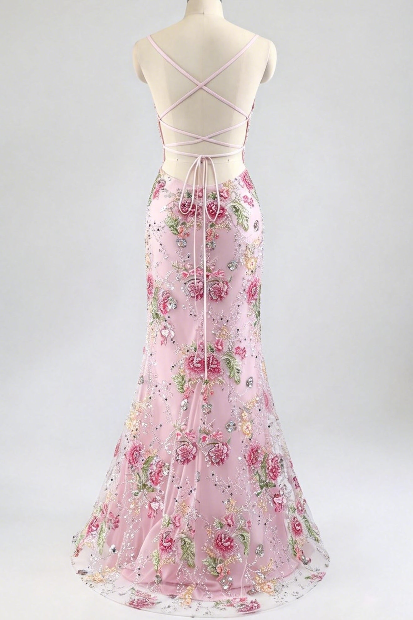 Sweetheart Spaghetti Straps 3D-Floral Fully Sequined Applique Tulle Mermaid Prom Dress