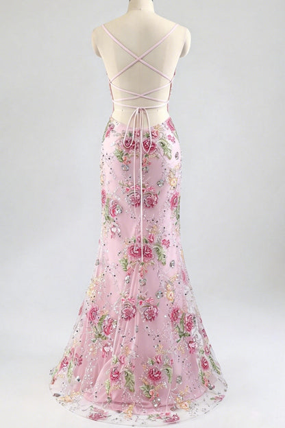 Sweetheart Spaghetti Straps 3D-Floral Fully Sequined Applique Tulle Mermaid Prom Dress