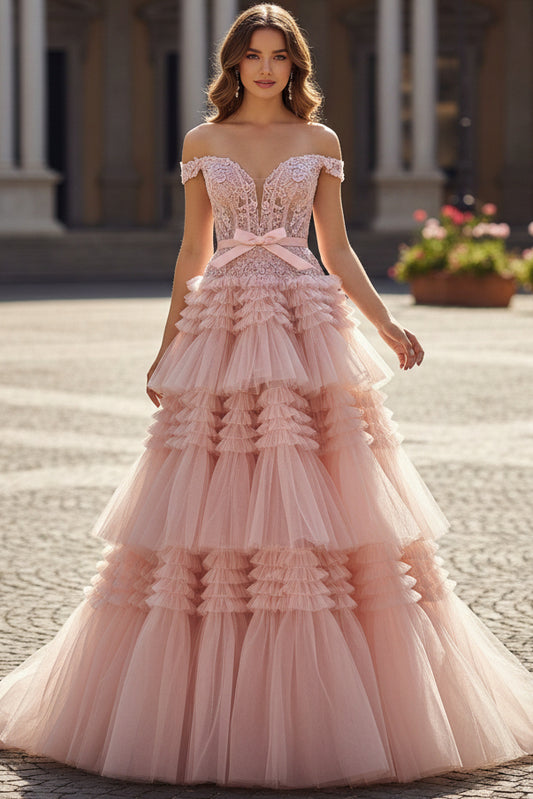 V-Neck Off-Shoulder Floor-Length Applique Tulle Pleated Ruffled Tiered A-line Prom Dress