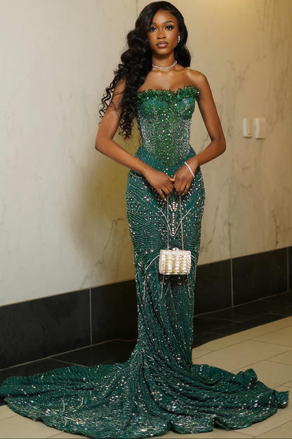 Sweetheart Off-Shoulder Fully Sequined Beaded Prom Dress Sleeveless Sweep Train Party Gowns
