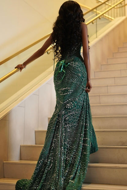 Sweetheart Off-Shoulder Fully Sequined Beaded Prom Dress Sleeveless Sweep Train Party Gowns