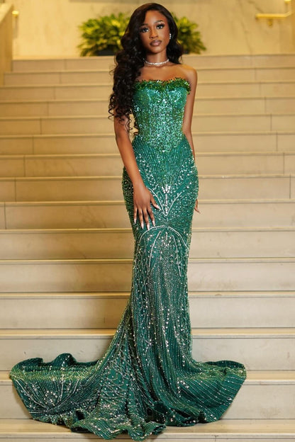 Sweetheart Off-Shoulder Fully Sequined Beaded Prom Dress Sleeveless Sweep Train Party Gowns