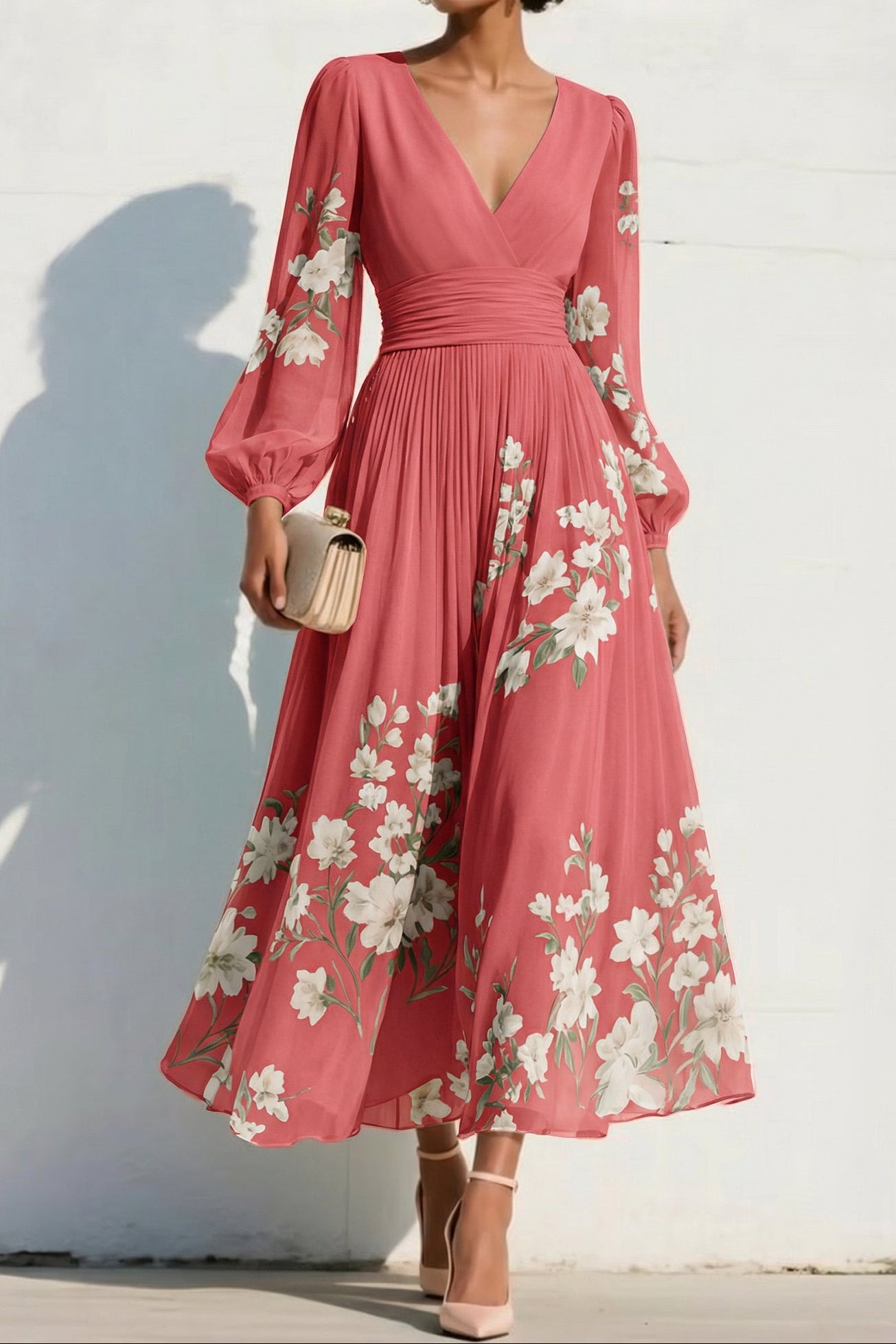 V-Neck Long-Sleeves Print-Chiffon Pleated Tea-Length A-Line Mother of the Bride Dress