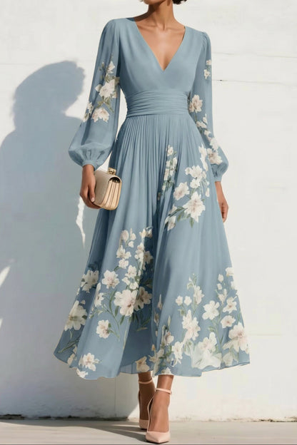 V-Neck Long-Sleeves Print-Chiffon Pleated Tea-Length A-Line Mother of the Bride Dress