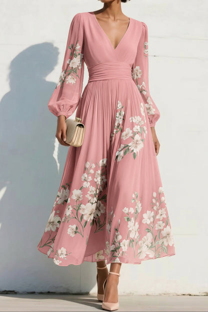 V-Neck Long-Sleeves Print-Chiffon Pleated Tea-Length A-Line Mother of the Bride Dress