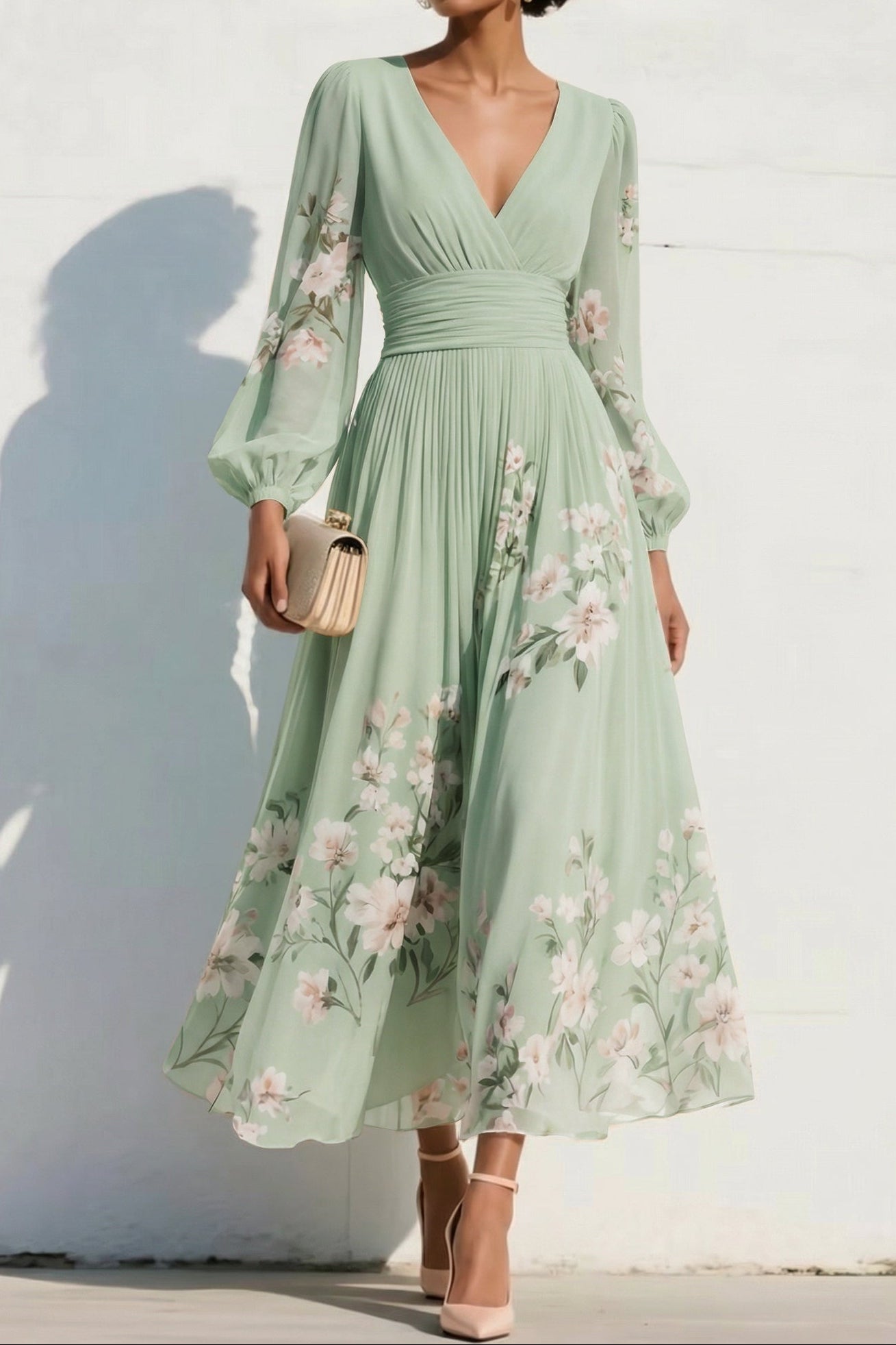 V-Neck Long-Sleeves Print-Chiffon Pleated Tea-Length A-Line Mother of the Bride Dress